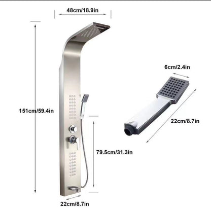 Stainless Steel Shower Panel Tower System with Multi-Function Rainfall, Waterfall, Massage Jets, Tub Spout, and Hand Shower for Home, Hotel, Resort