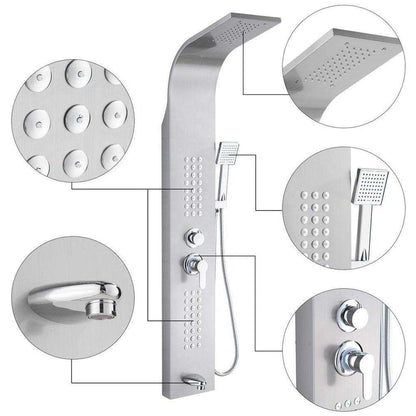 Stainless Steel Shower Panel Tower System with Multi-Function Rainfall, Waterfall, Massage Jets, Tub Spout, and Hand Shower for Home, Hotel, Resort