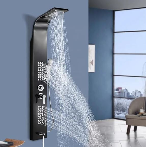 Stainless Steel Shower Panel Tower System with Multi-Function Rainfall, Waterfall, Massage Jets, Tub Spout, and Hand Shower for Home, Hotel, Resort
