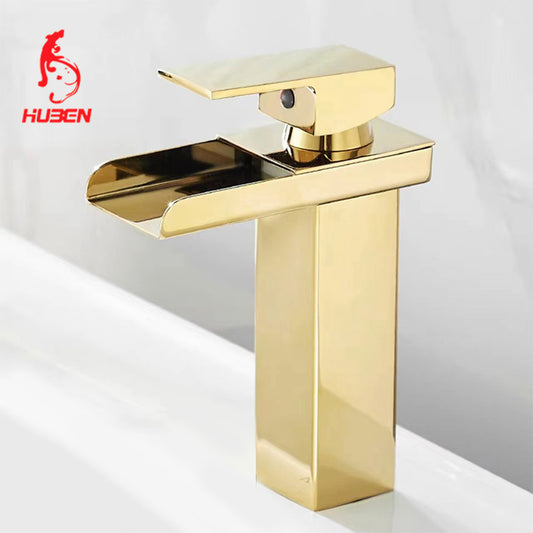 TAZEET Luxury Copper Waterfall Bathroom Faucet – Chrome Plated Basin Mixer Tap with LED Light, Single Handle Hot & Cold Sink Faucet for Vanity & Washbasin