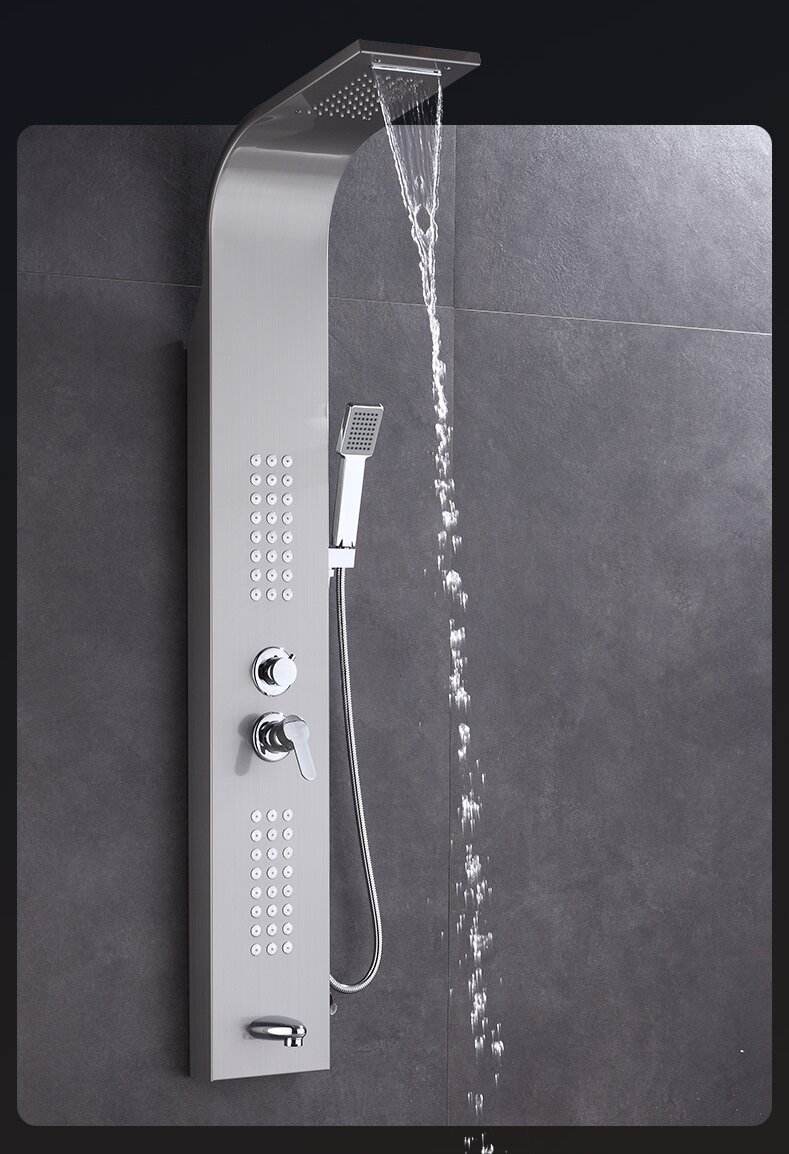 Stainless Steel Shower Panel Tower System with Multi-Function Rainfall, Waterfall, Massage Jets, Tub Spout, and Hand Shower for Home, Hotel, Resort