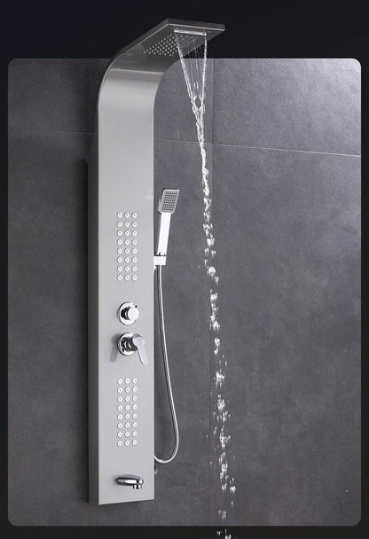 Stainless Steel Shower Panel Tower System with Multi-Function Rainfall, Waterfall, Massage Jets, Tub Spout, and Hand Shower for Home, Hotel, Resort