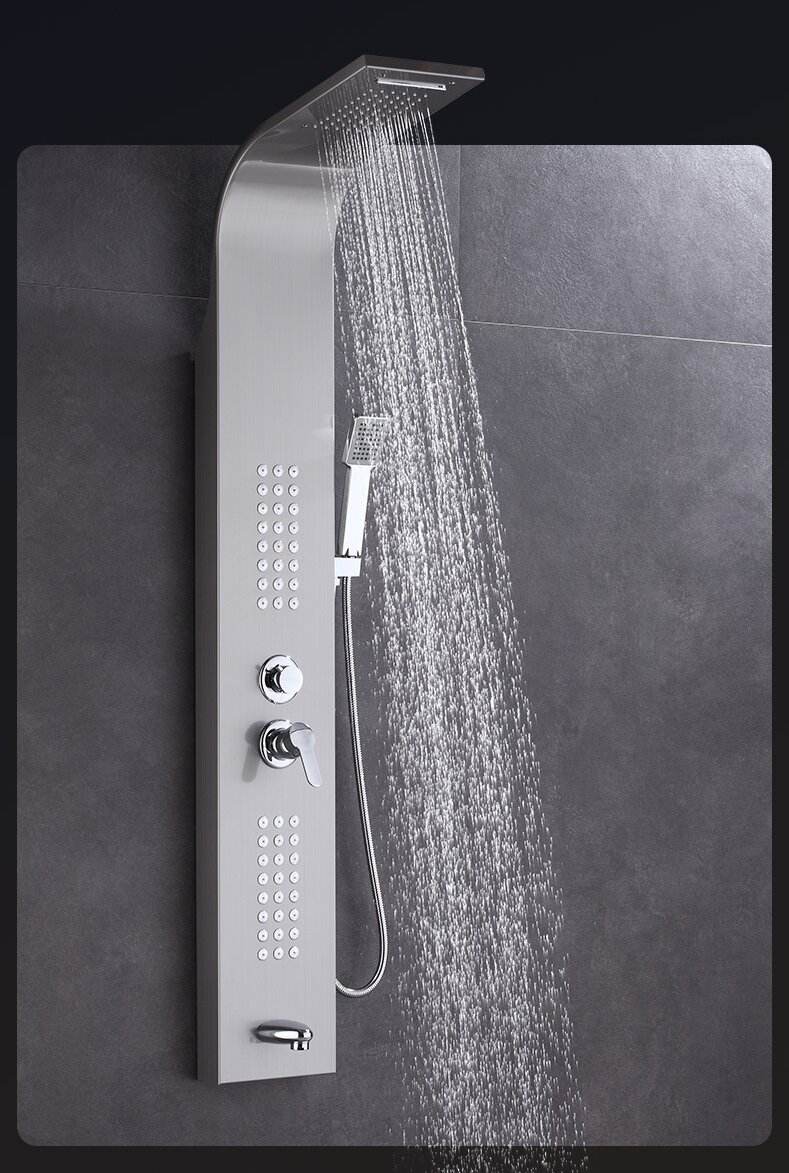 Stainless Steel Shower Panel Tower System with Multi-Function Rainfall, Waterfall, Massage Jets, Tub Spout, and Hand Shower for Home, Hotel, Resort