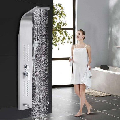 Stainless Steel Shower Panel Tower System with Multi-Function Rainfall, Waterfall, Massage Jets, Tub Spout, and Hand Shower for Home, Hotel, Resort