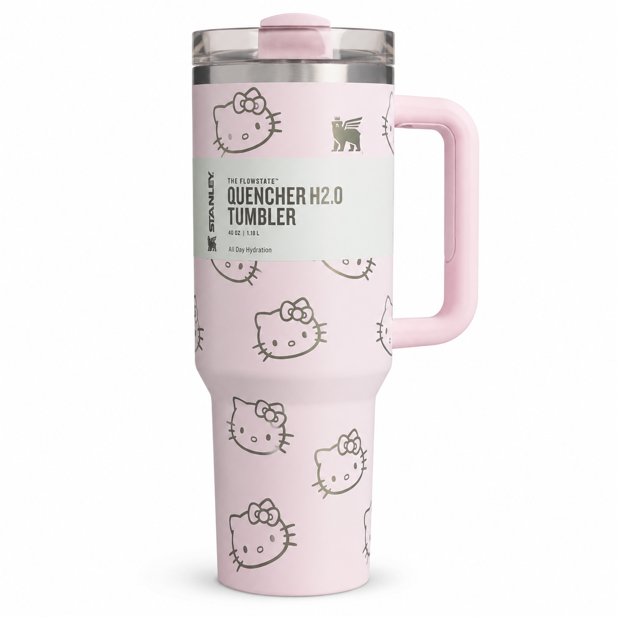 Stanley Quencher H2.0 FlowState tumbler 40 oz in Hello Kitty pink, stainless steel with handle and straw