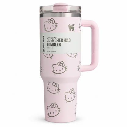 Stanley Quencher H2.0 FlowState tumbler 40 oz in Hello Kitty pink, stainless steel with handle and straw
