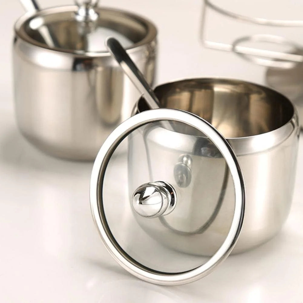 3-Grid Stainless Steel Seasoning Box Set – Sugar, Salt & Spice Containers with Spoons, Glass Lids & Tray - image 2