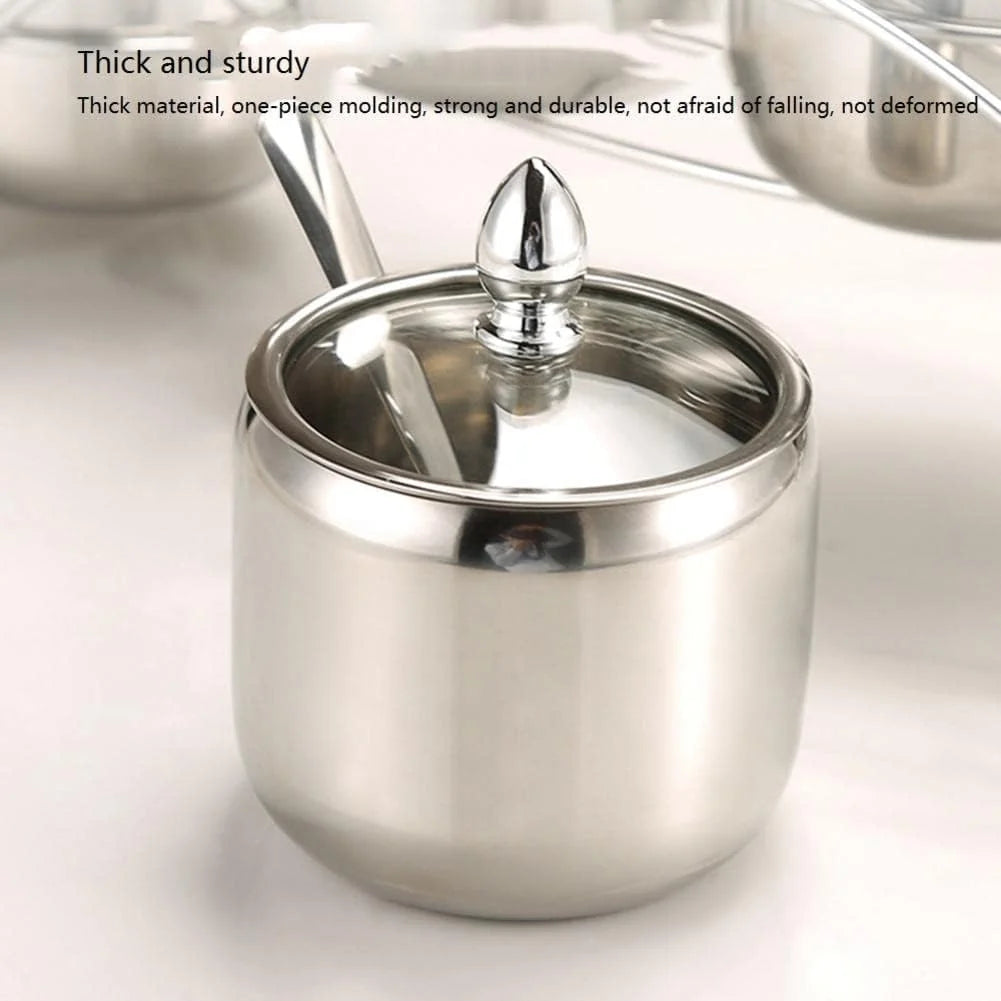 3-Grid Stainless Steel Seasoning Box Set – Sugar, Salt & Spice Containers with Spoons, Glass Lids & Tray - image 3