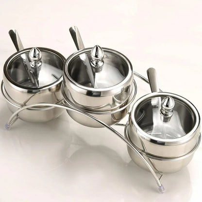 3-Grid Stainless Steel Seasoning Box Set – Sugar, Salt & Spice Containers with Spoons, Glass Lids & Tray