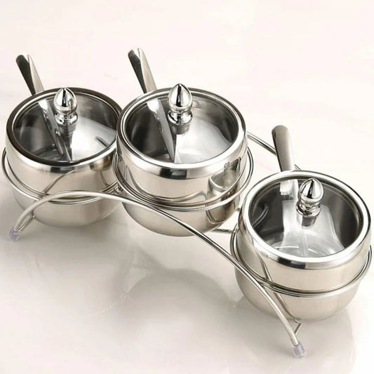 3-Grid Stainless Steel Seasoning Box Set – Sugar, Salt & Spice Containers with Spoons, Glass Lids & Tray