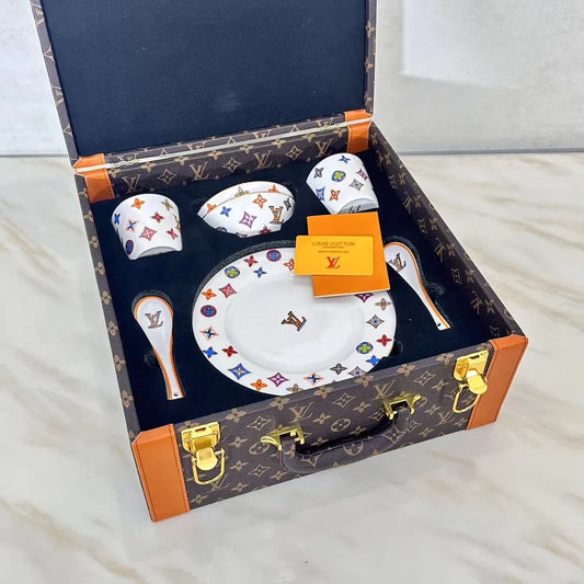 Custom LV Dining Tableware Set with Luxury Leather Box – Elegant 6-Piece Tableware Collection