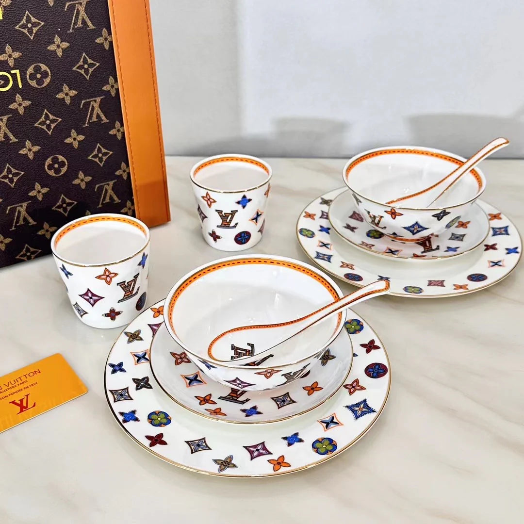 Custom LV Dining Tableware Set with Luxury Leather Box – Elegant 6-Piece Tableware Collection