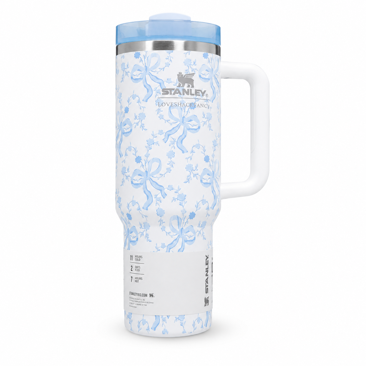 Stanley Quencher H2.0 FlowState tumbler 40 oz in Love Shack Fancy blue, stainless steel with handle and straw