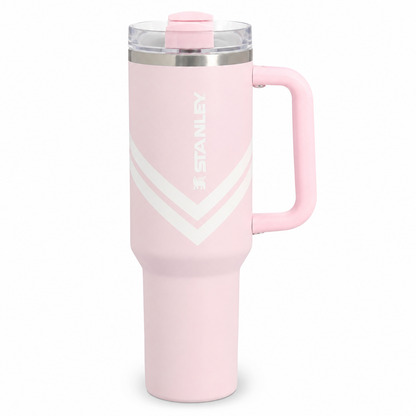 Stanley Quencher H2.0 FlowState tumbler 40 oz in Pink Chevron, stainless steel with handle and straw