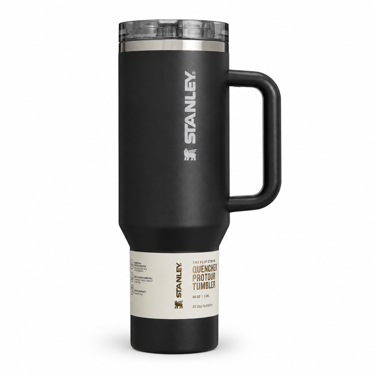 Stanley Quencher H2.0 FlowState tumbler 40 oz in ProTour Black, stainless steel with handle and straw
