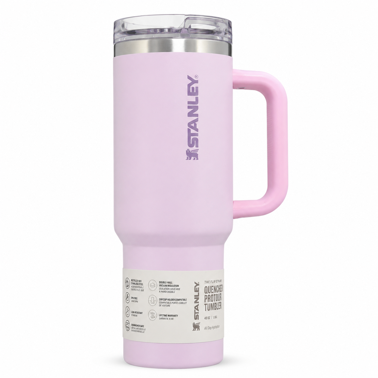 Stanley Quencher H2.0 FlowState tumbler 40 oz in ProTour Pink, stainless steel with handle and straw