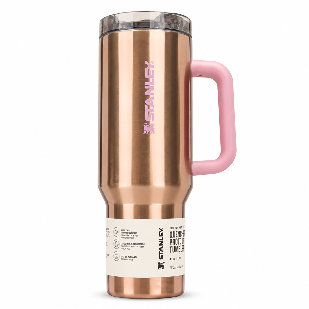Stanley Quencher H2.0 FlowState tumbler 40 oz in ProTour Rose Gold, stainless steel with handle and straw