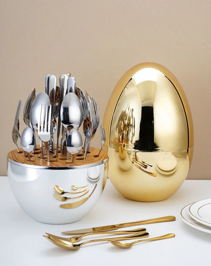 Elegance Egg Cutlery Organizer – 24-Piece Gold and Silver Cutlery Set, Spoon, Fork, Knife – Luxurious Dinner Set for Dining Table