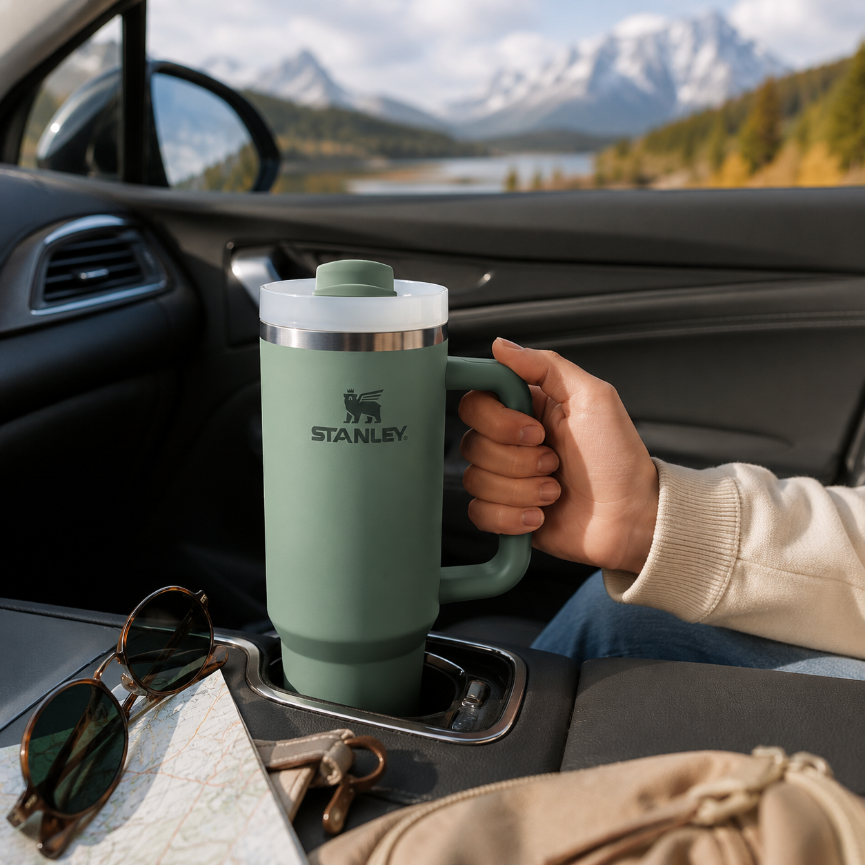 Stanley Quencher H2.0 tumbler showing the tapered base designed for car cup holders