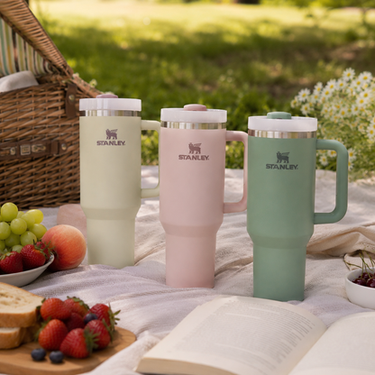 Stanley Quencher H2.0 tumbler with reusable straw fitted through the lid