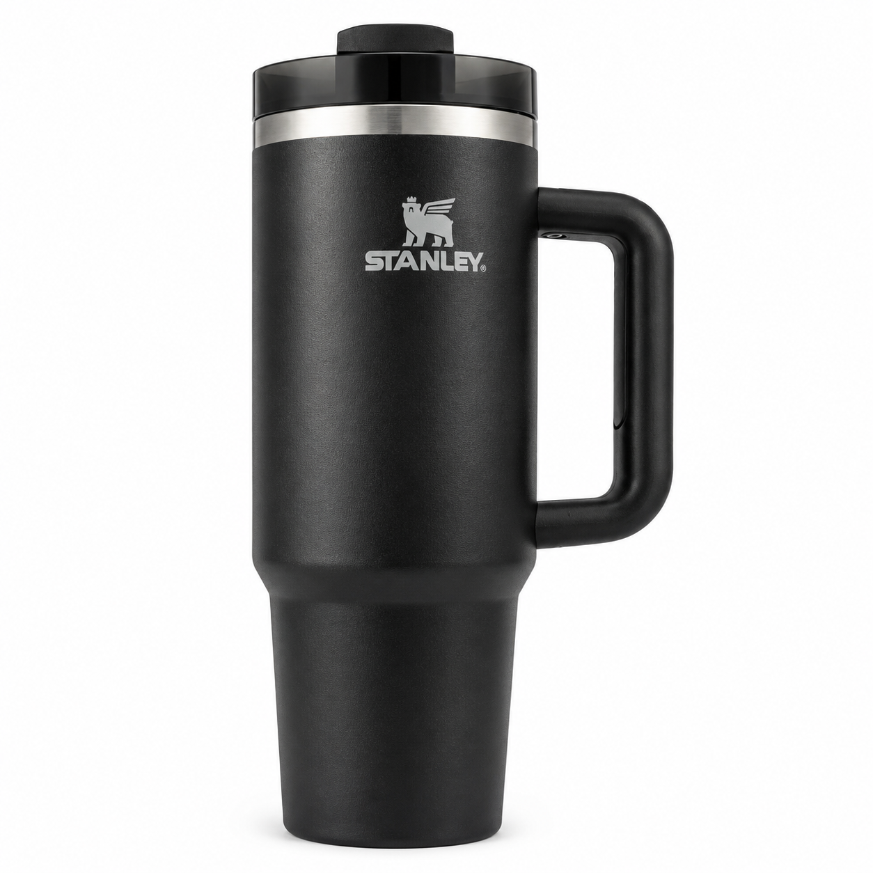 Stanley Quencher H2.0 tumbler in black tonal, stainless steel with handle and straw