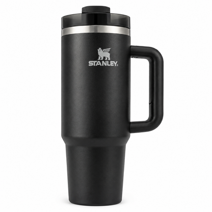 Stanley Quencher H2.0 tumbler in black tonal, stainless steel with handle and straw