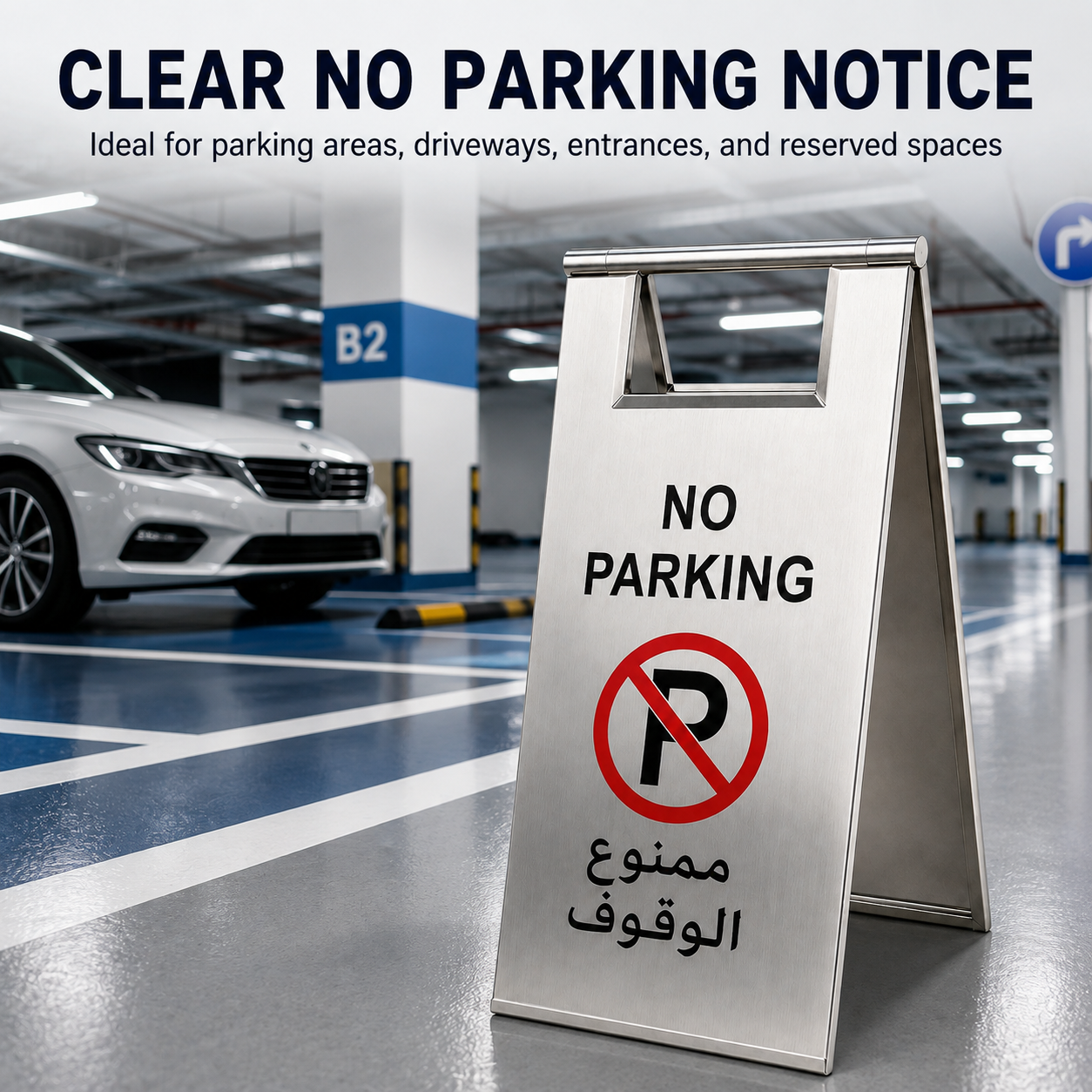 Portable foldable stainless steel no parking sign with A-frame construction