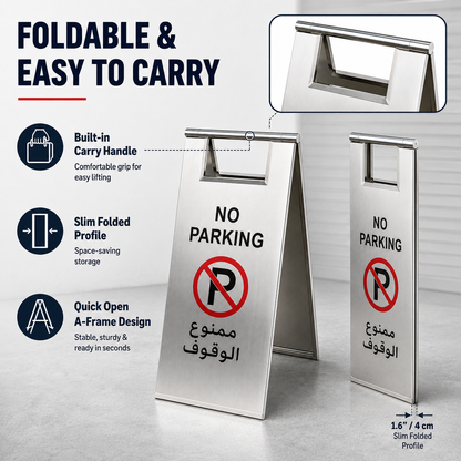 Stainless steel no parking floor sign with clear double-sided warning message