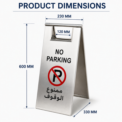 Silver stainless steel no parking sign with double-sided warning