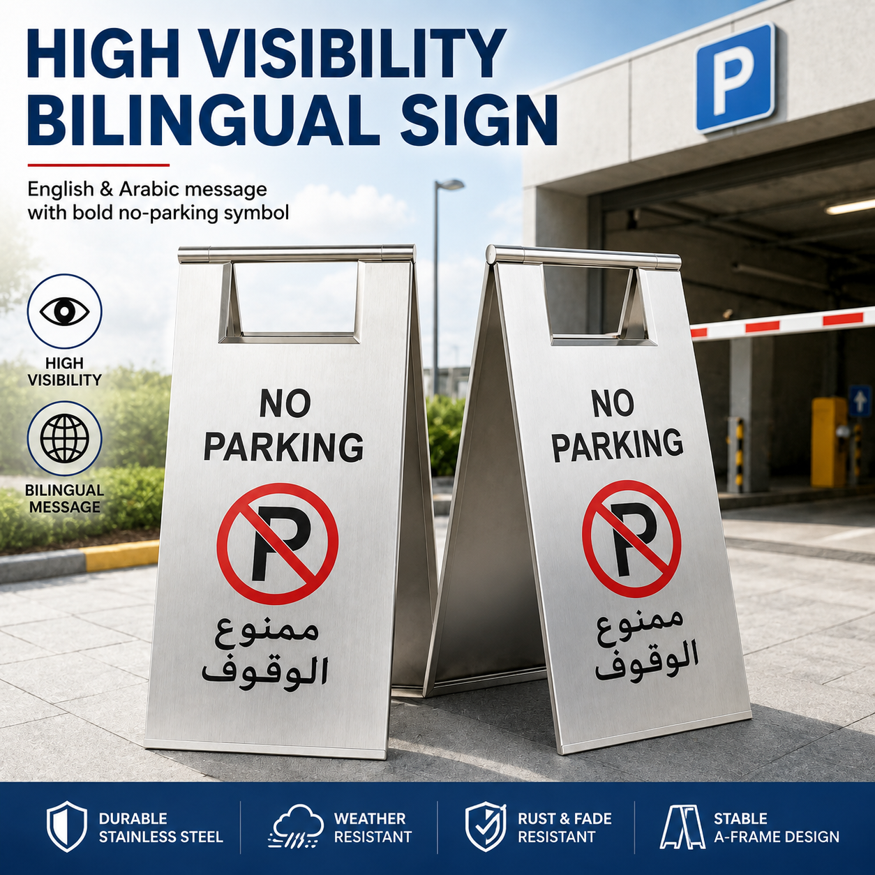Foldable no parking sign board in silver stainless steel, 60 cm height