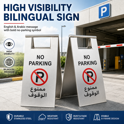 Foldable no parking sign board in silver stainless steel, 60 cm height