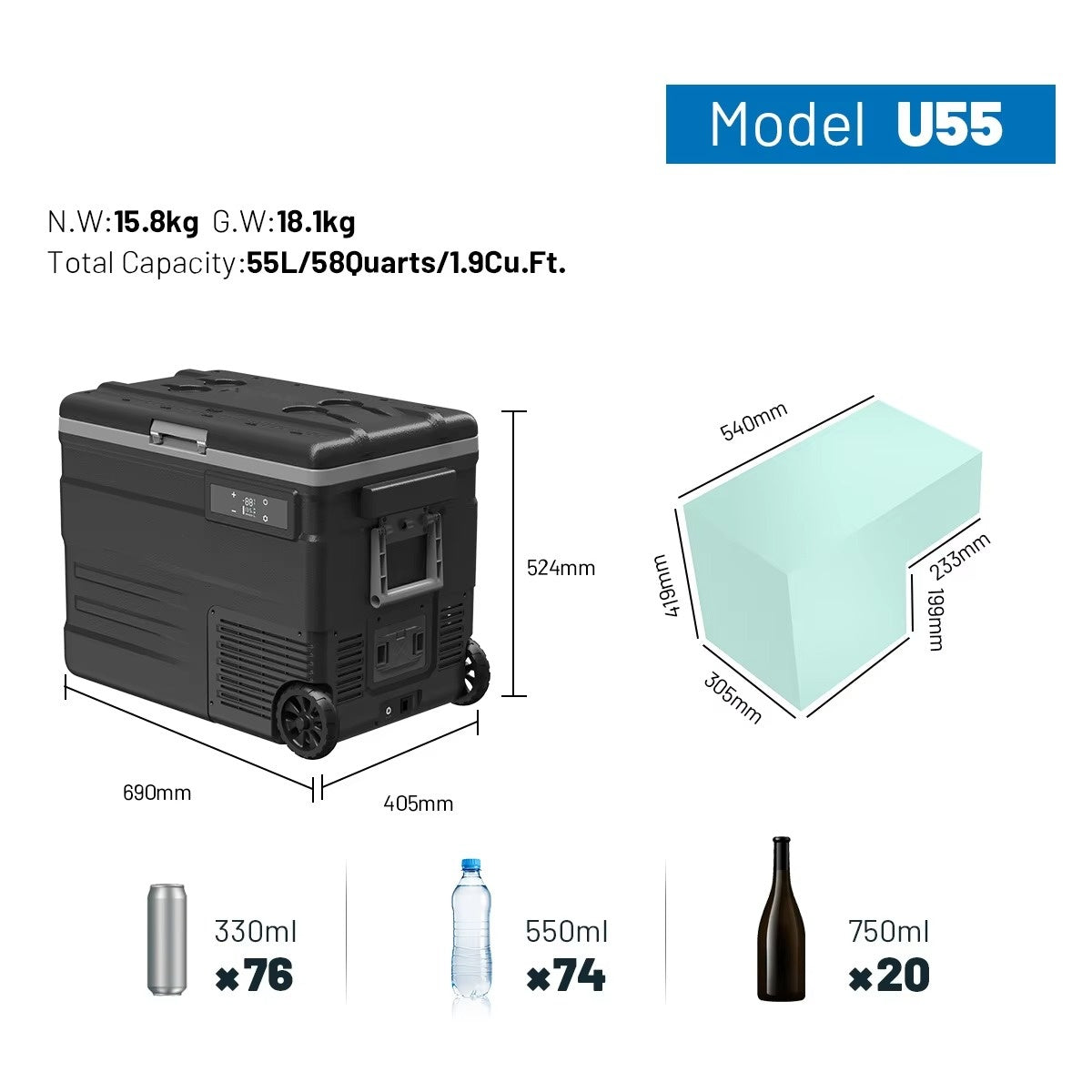 Black cooler box with dimensions and capacity details on a white background