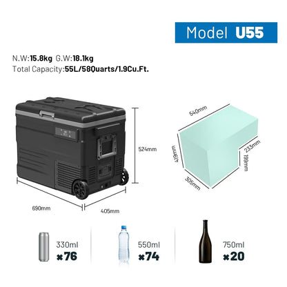 Black cooler box with dimensions and capacity details on a white background