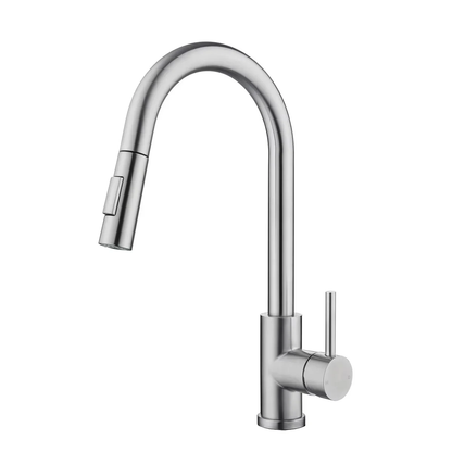 Chrome kitchen faucet on a white background with Aquabike logo.