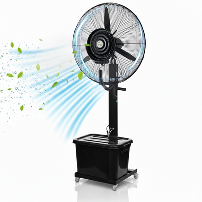 Industrial outdoor misting fan with water mist cooling on stand