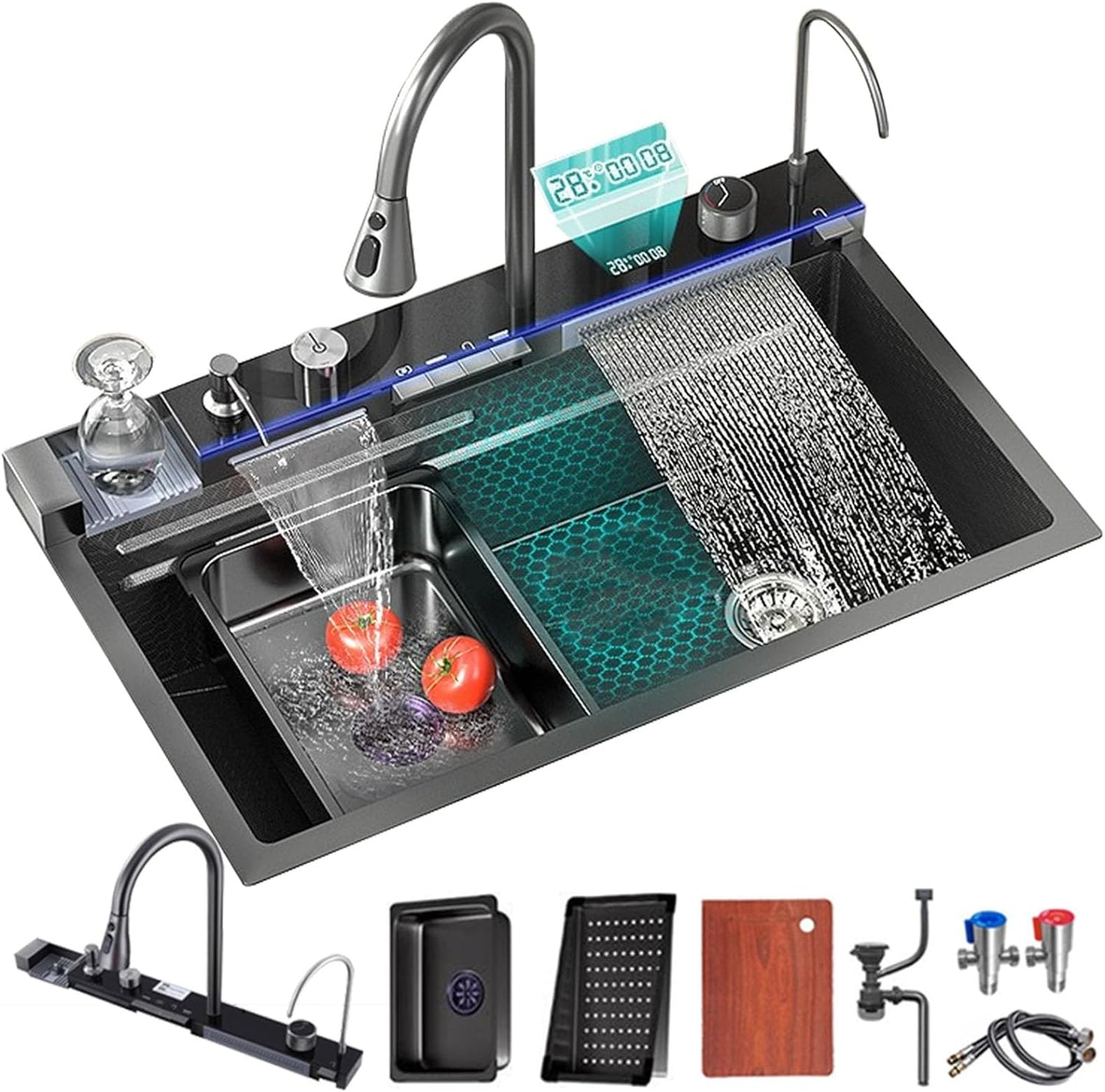 Stainless steel workstation kitchen sink with cup washer and LED display