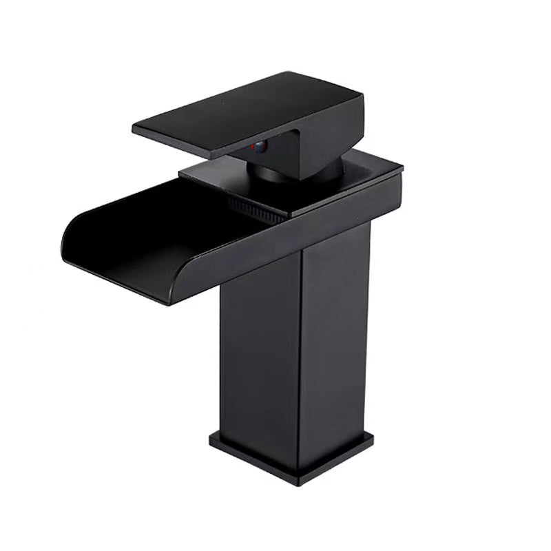 Waterfall bathroom basin faucet with single handle in chrome finish