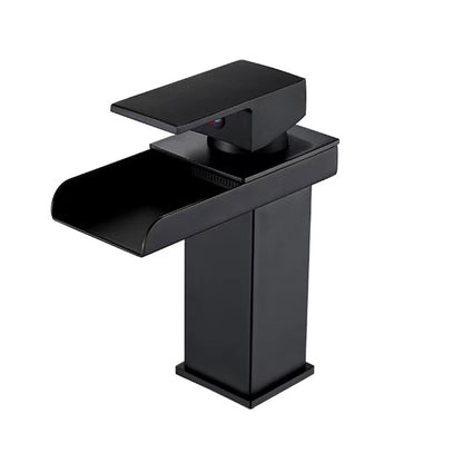 Waterfall bathroom basin faucet with single handle in chrome finish