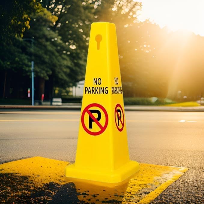 Yellow 4-sided no parking cone sign showing all printed faces