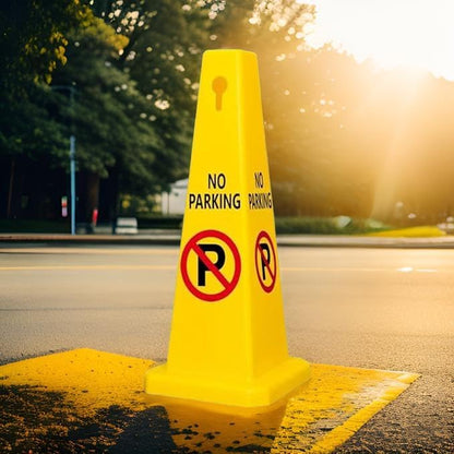 Yellow 4-sided no parking cone sign showing all printed faces