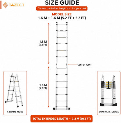 TAZEET Aluminum Telescoping Ladder, A-Frame & Extension, Balance Bar – 1.6m+1.6m to 4.0m+4.0m
