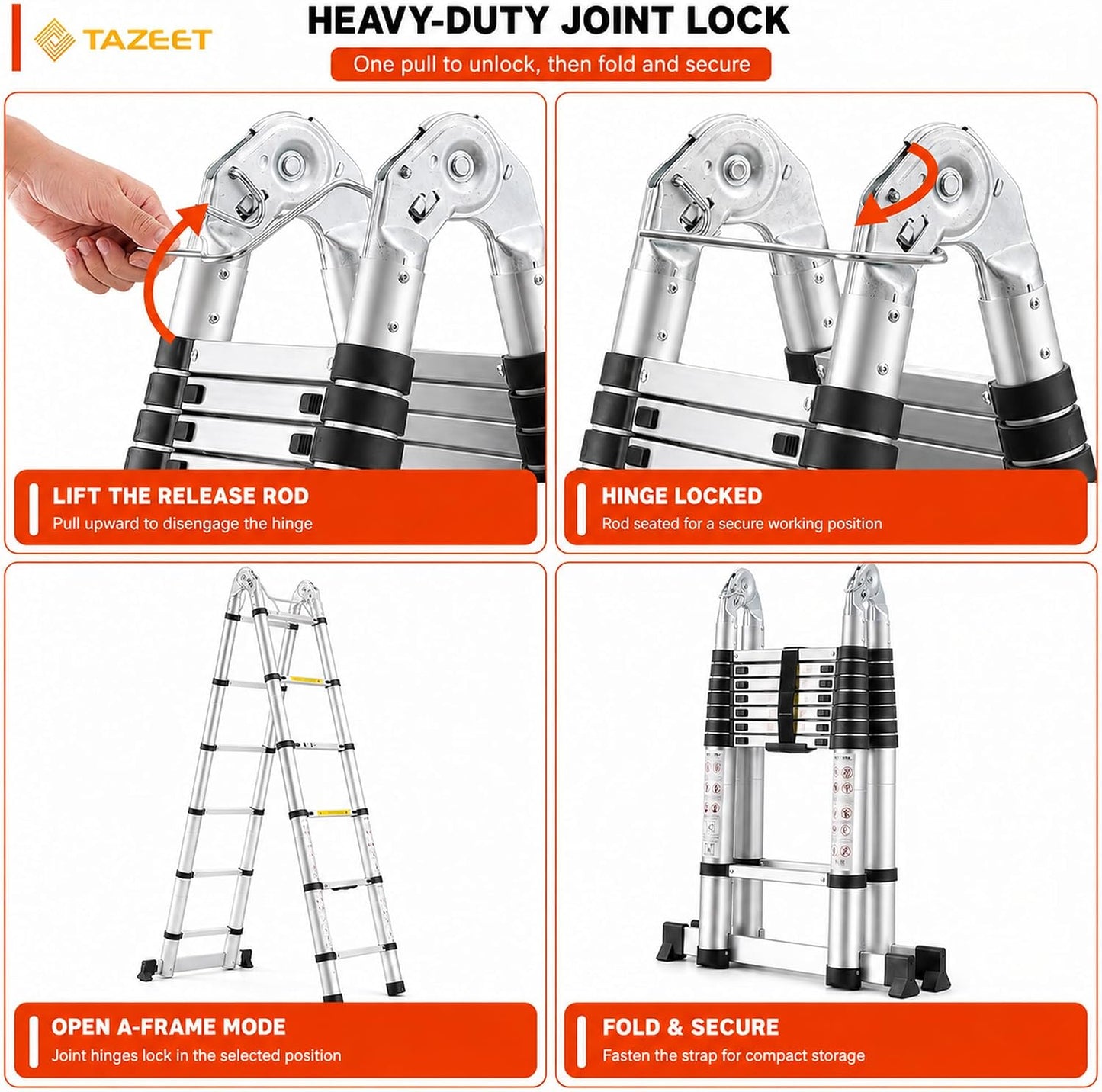 TAZEET Aluminum Telescoping Ladder, A-Frame & Extension, Balance Bar – 1.6m+1.6m to 4.0m+4.0m