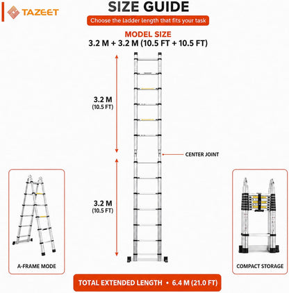 TAZEET Aluminum Telescoping Ladder, A-Frame & Extension, Balance Bar – 1.6m+1.6m to 4.0m+4.0m