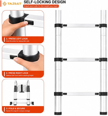 TAZEET Aluminum Telescoping Ladder, A-Frame & Extension, Balance Bar – 1.6m+1.6m to 4.0m+4.0m