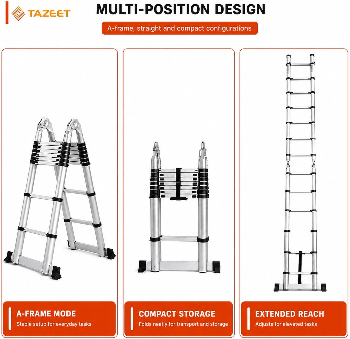 TAZEET Aluminum Telescoping Ladder, A-Frame & Extension, Balance Bar – 1.6m+1.6m to 4.0m+4.0m