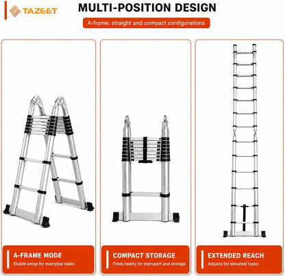 TAZEET Aluminum Telescoping Ladder, A-Frame & Extension, Balance Bar – 1.6m+1.6m to 4.0m+4.0m
