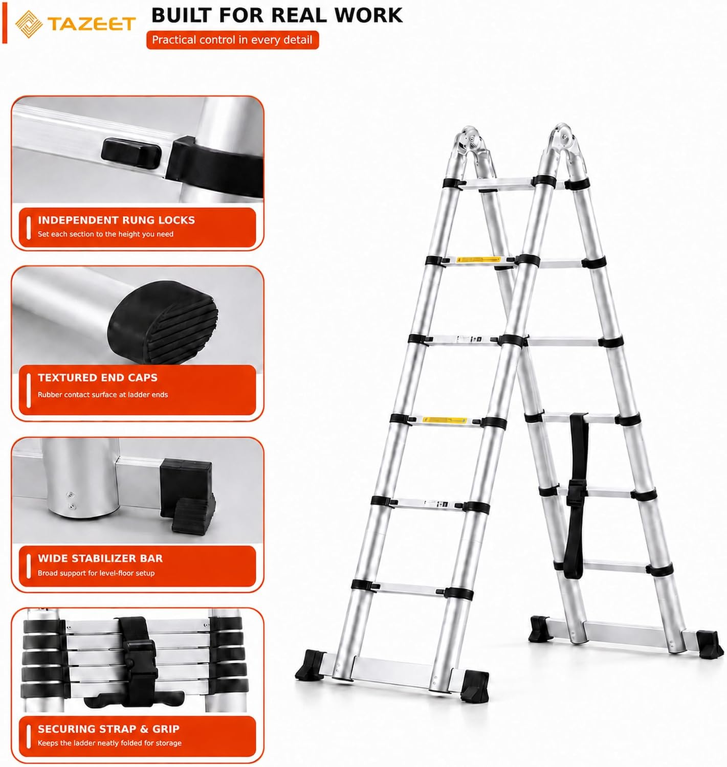 TAZEET Aluminum Telescoping Ladder, A-Frame & Extension, Balance Bar – 1.6m+1.6m to 4.0m+4.0m