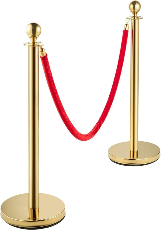 Gold & Silver Queue Barrier Posts with 1.5M Red Velvet Rope – Stainless Steel Stanchion Set