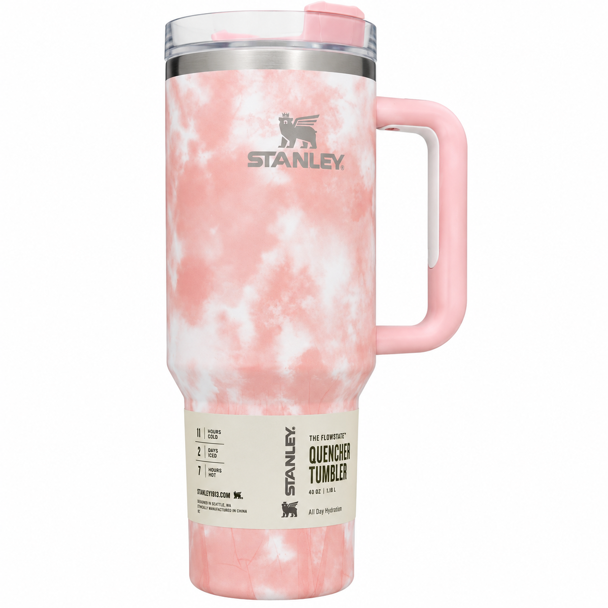Stanley Quencher H2.0 FlowState tumbler 40 oz in Tie-Dye Hibiscus Pink, stainless steel with handle and straw