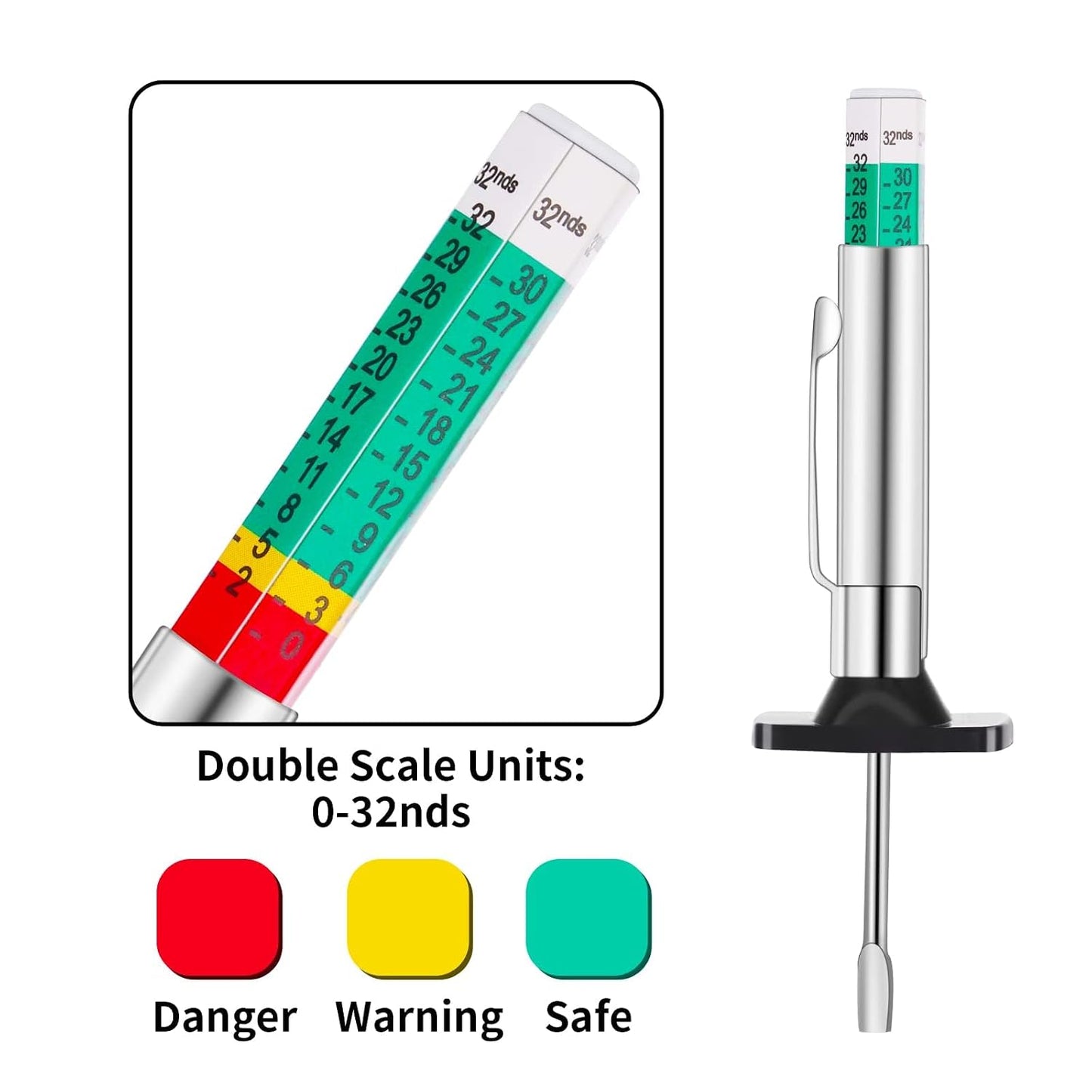 TAZEET Tire Tread Depth Gauge, Color-Coded 0–32/32 in and 0–25 mm Tool for Cars, Motorcycles and Trucks